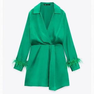 NWT Green Zara Feather satin effect dress